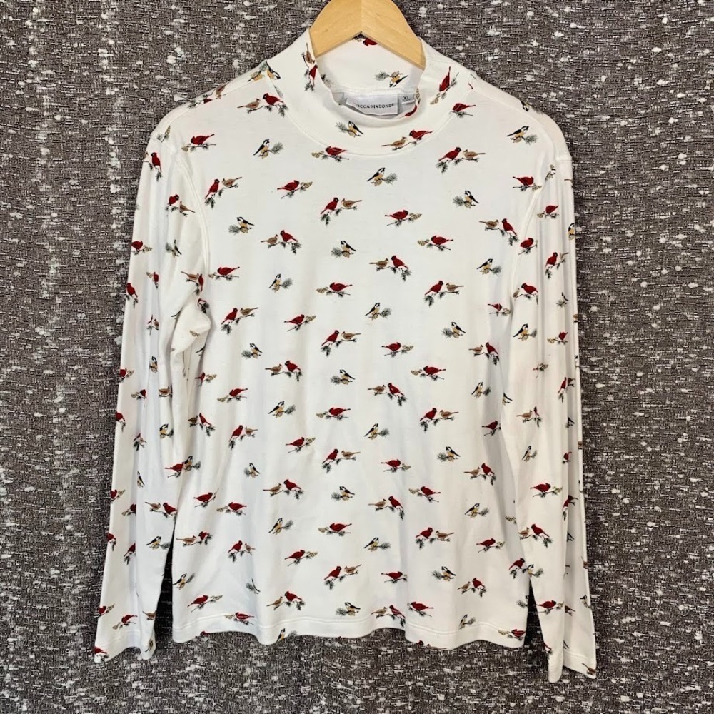 Vintage Rebecca Malone Bird Print Mock Neck Long Sleeve Shirt Women's XL